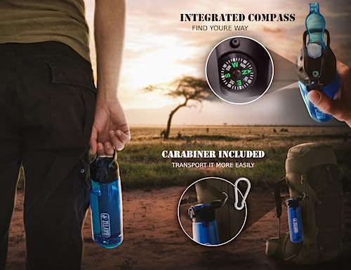 Filtro de Agua Botella 1500 L - Purificador de Agua Supervivencia - Botellas de agua filtradas para viajes - Filtros de senderismo Camping Paja Purificación al aire libre Sistema portátil de filtración de alta filtración