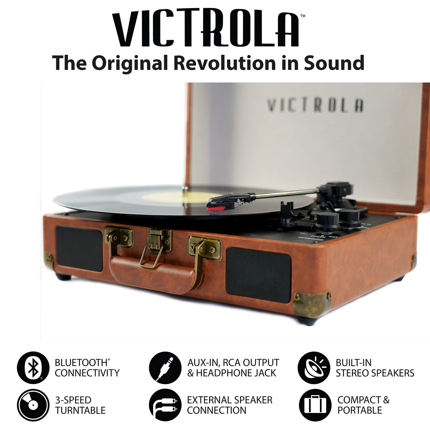 Tocadiscos portátil de maleta estilo vintage, 3 velocidades, conexión Bluetooth, altavoces integrados, incluye púa extra, marrón
