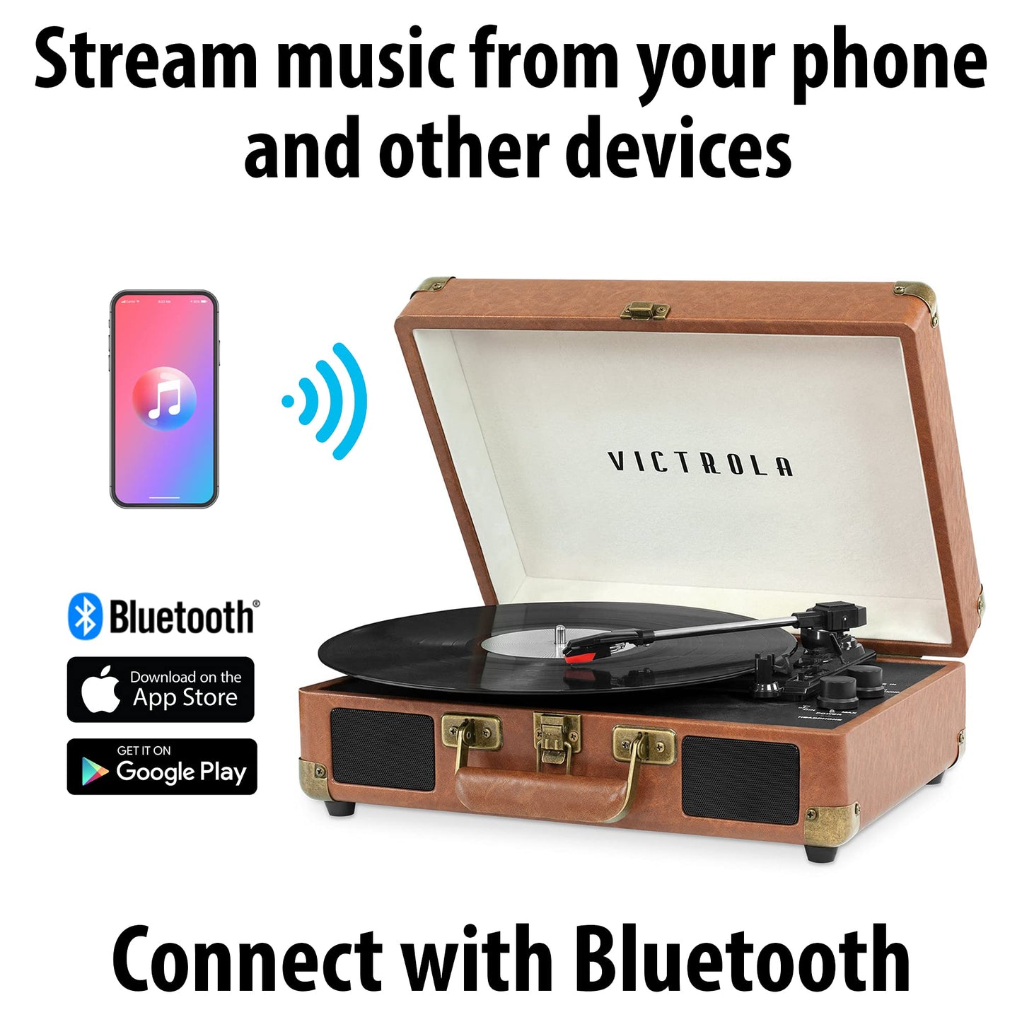 Tocadiscos portátil de maleta estilo vintage, 3 velocidades, conexión Bluetooth, altavoces integrados, incluye púa extra, marrón