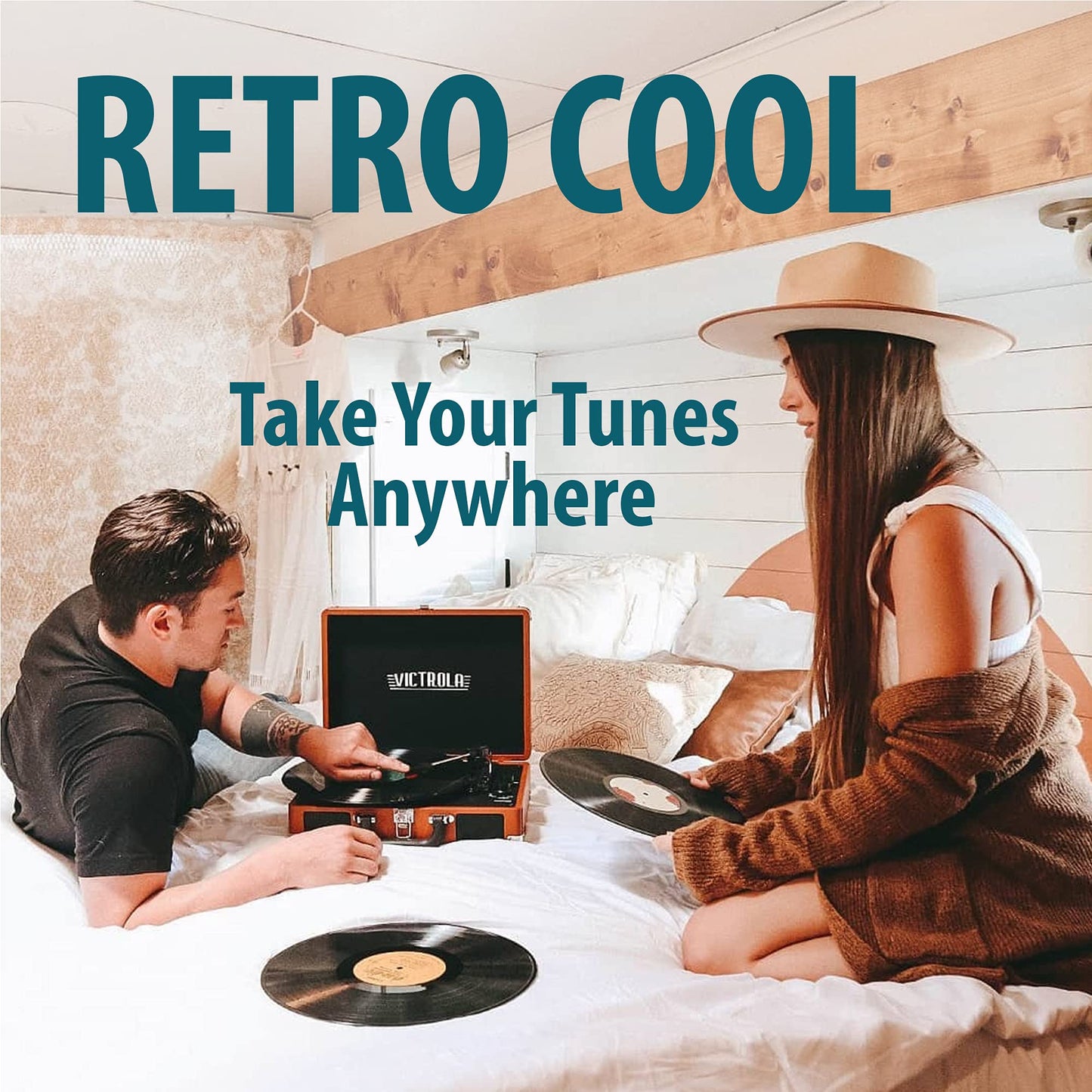 Tocadiscos portátil de maleta estilo vintage, 3 velocidades, conexión Bluetooth, altavoces integrados, incluye púa extra, marrón