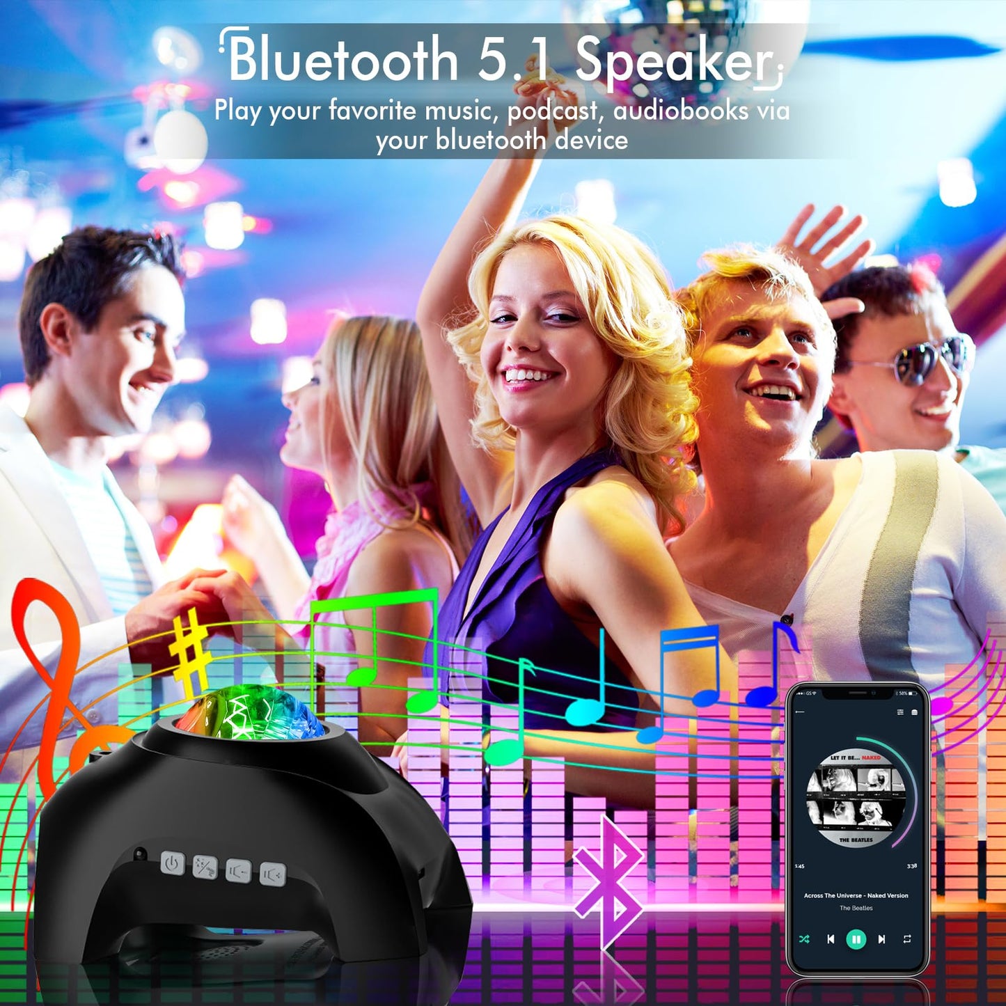 Proyector de galaxia para habitación, altavoz Bluetooth y proyector Aurora con ruido color blanco, proyector de luz nocturna para niños y adultos, sala de juegos, cine en casa, techo, decoración de habitación. (color negro)