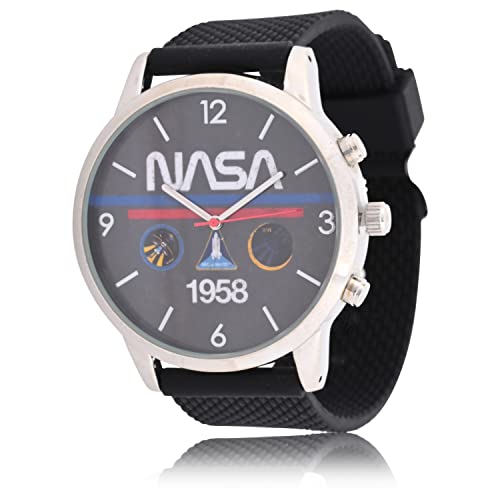 Accutime NASA - Reloj analógico para hombre adulto, correa de silicona, esfera de cristal, caja mate, reloj analógico para hombre, color negro