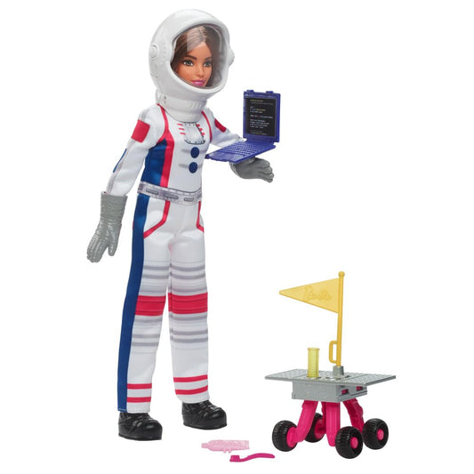 Barbie Astronauta, Muñeca de 65 aniversario y 10 accesorios, juego de astronauta con Rolling Rover, casco espacial con escudo giratorio y más