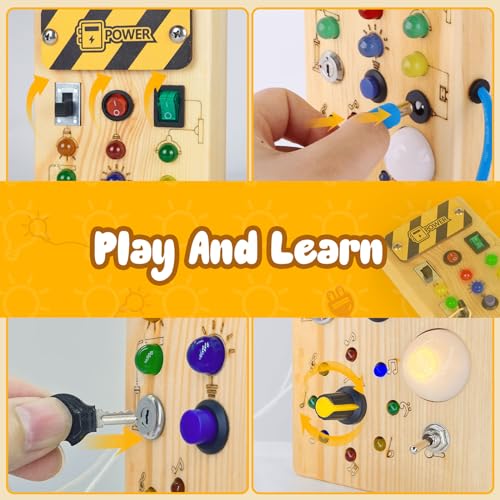 Montessori Tablero de madera con 8 interruptores de luz LED, juguetes sensoriales, interruptor de luz, juguetes de viaje para bebés de 1 año y niños pequeños