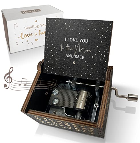 Caja de música de madera Love You to The Moon and Back, manivela de mano, cajas musicales de madera grabadas antiguas, regalos para cumpleaños, día de San Valentín (negro)