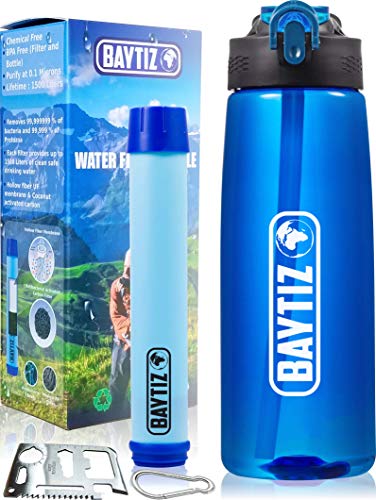 Filtro de Agua Botella 1500 L - Purificador de Agua Supervivencia - Botellas de agua filtradas para viajes - Filtros de senderismo Camping Paja Purificación al aire libre Sistema portátil de filtración de alta filtración