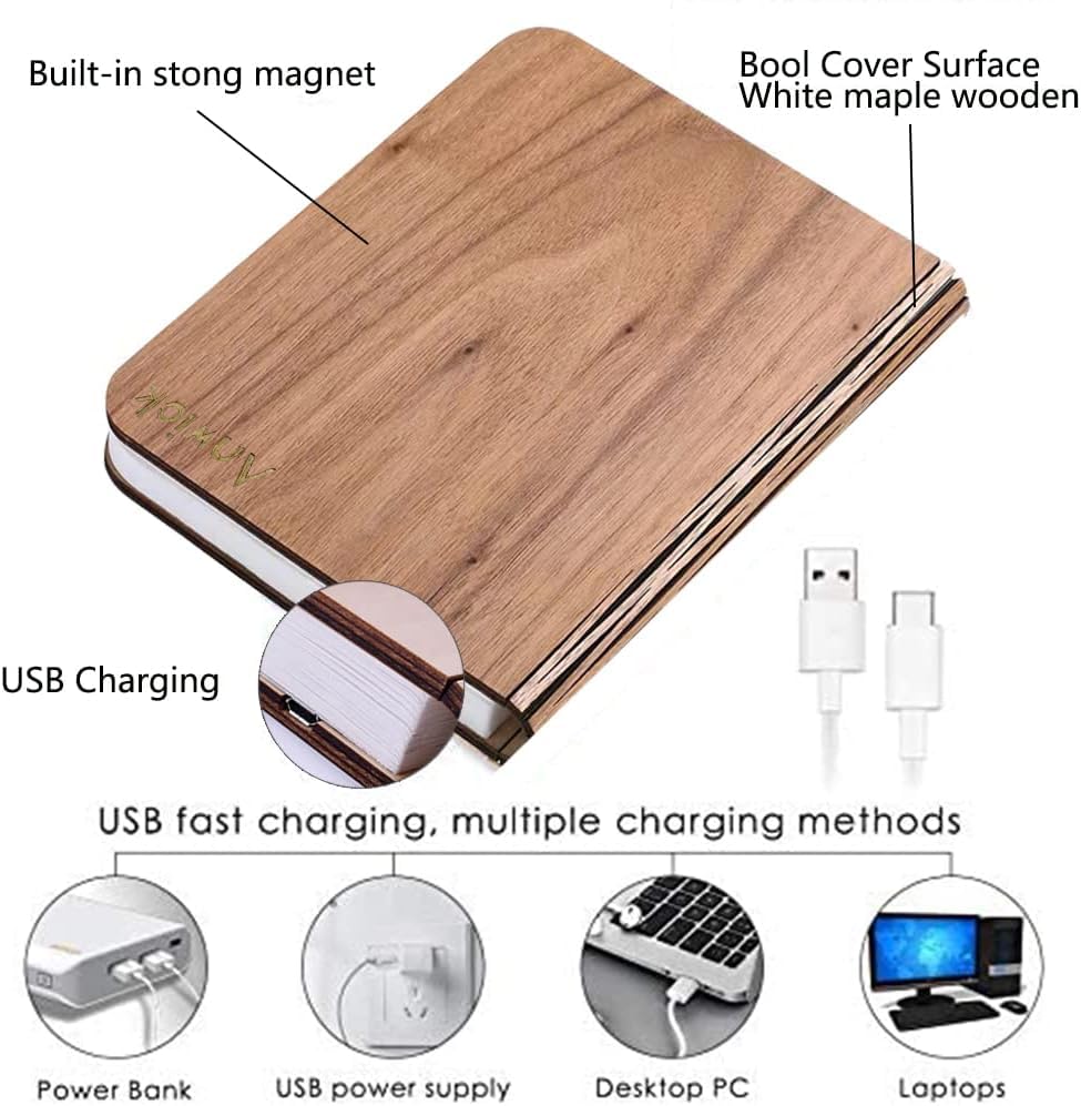 Lámpara libro de gran tamaño plegable luz de estado de ánimo, LED luz nocturna, USB de gran capacidad recargable lámpara de mesa de madera