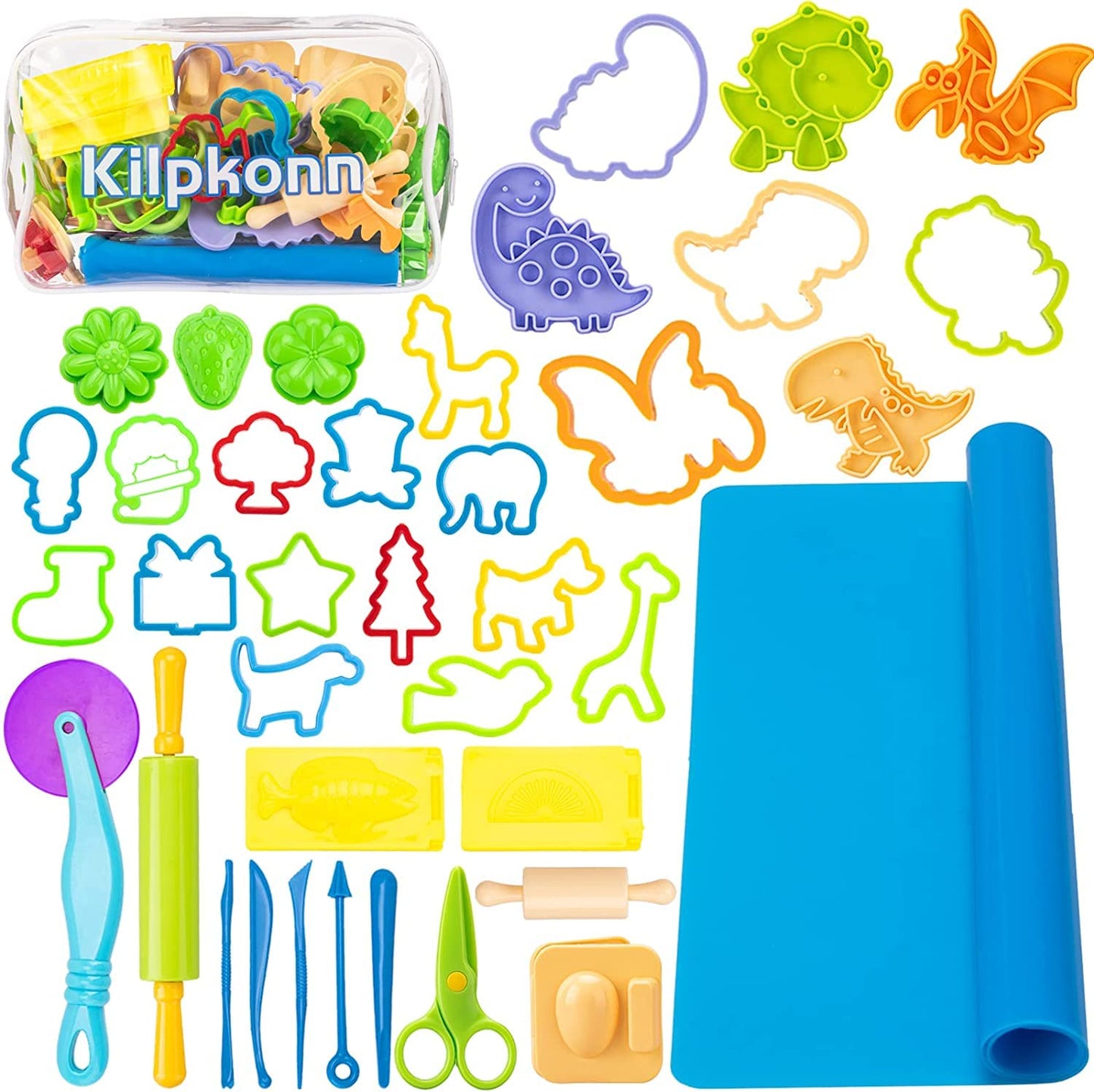 Kit de herramientas de masa / plastilina para niños, 41 piezas de accesorios de masa, moldes, forma, tijeras, rodillo, alfombrilla de masa con bolsa de almacenamiento