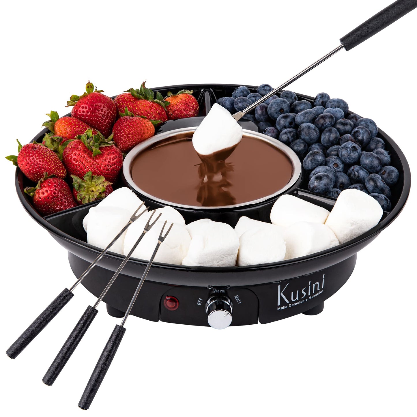 Juego de ollas de fondue eléctricas, kit de fondue de chocolate, control de temperatura, bandejas de servir desmontables y 4 tenedores para asar, juego de regalo e idea de cita nocturna.