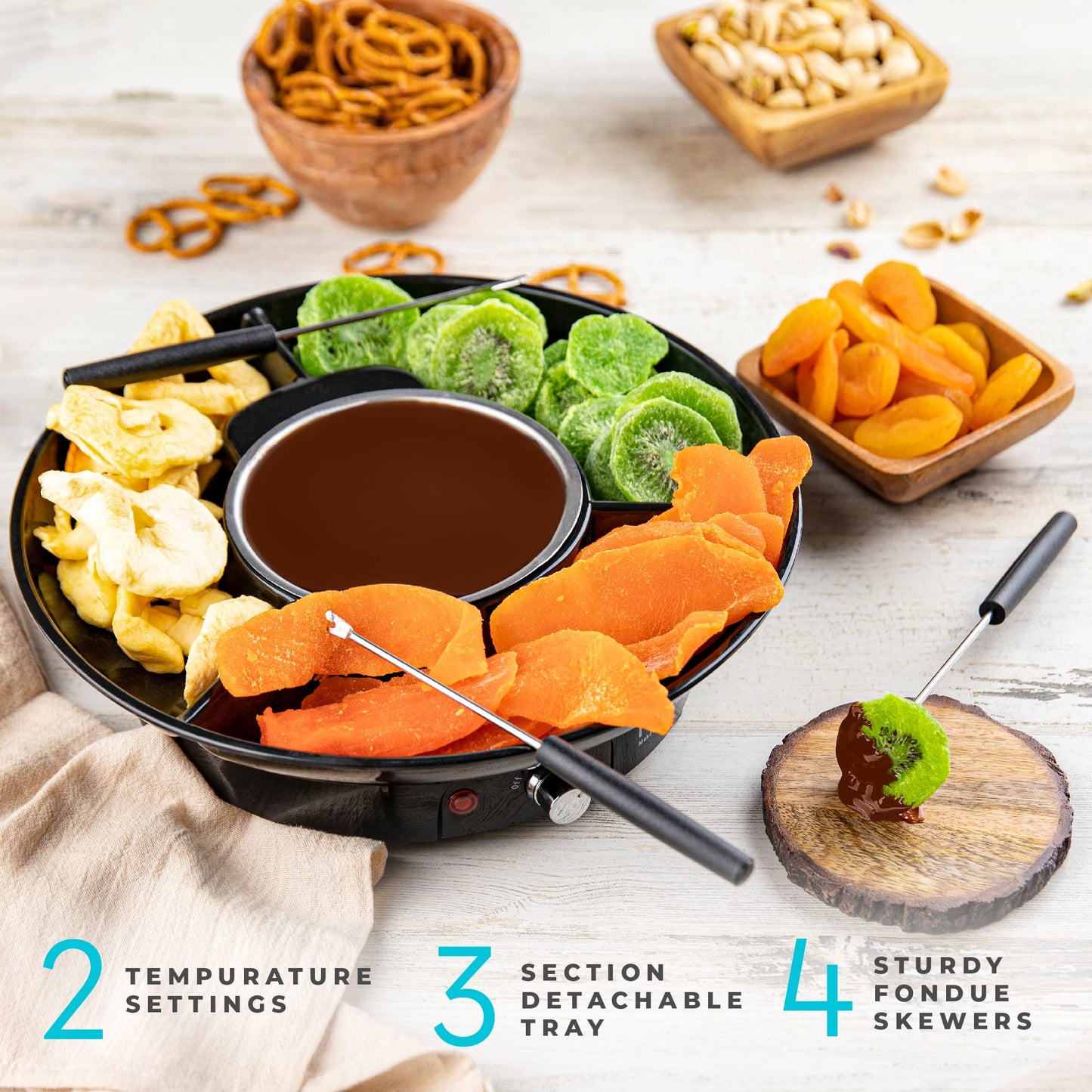 Juego de ollas de fondue eléctricas, kit de fondue de chocolate, control de temperatura, bandejas de servir desmontables y 4 tenedores para asar, juego de regalo e idea de cita nocturna.